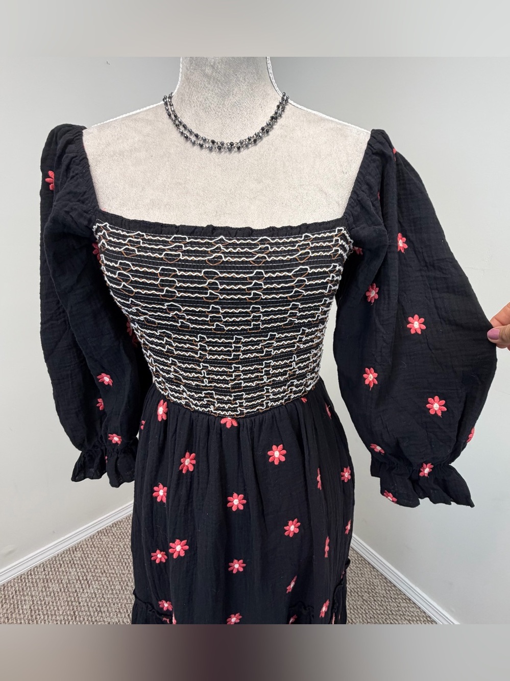 Free People Dahlia Embroidered Maxi Dress S /M Tiered Smocked Black Combo Boho - Picture 6 of 15